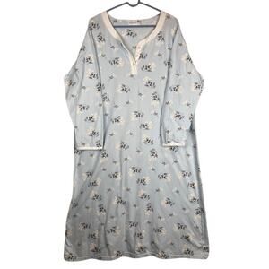 Keyocean-Women's Light Blue V-Neck, Long Sleeve, Cotton Nightgown